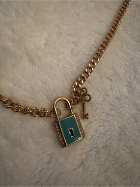 Gold-Tone Padlock Necklace with Turquoise Enamel and Key Charm